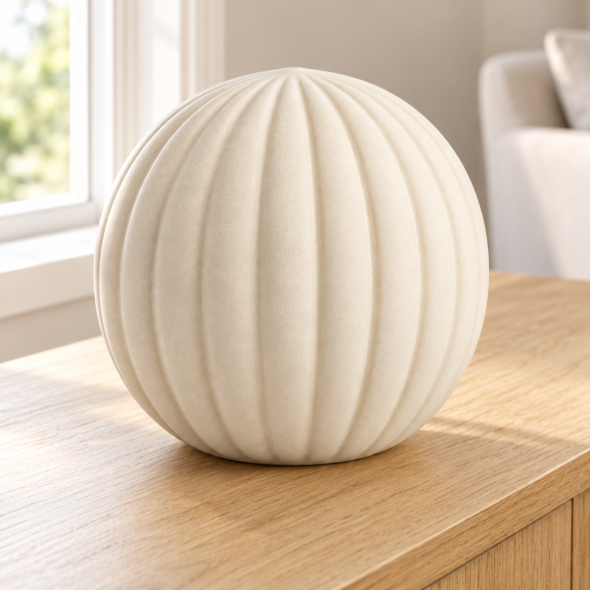Oakmirao Warm Ivory Ribbed Round Decor Sculpture