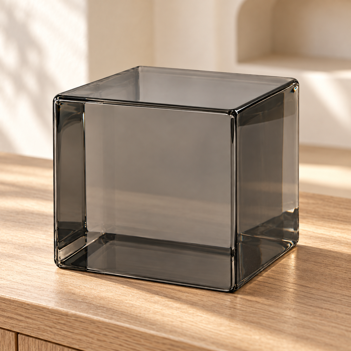 Oakmirao Smoke Gray Glass-Look Cube Decor Sculpture