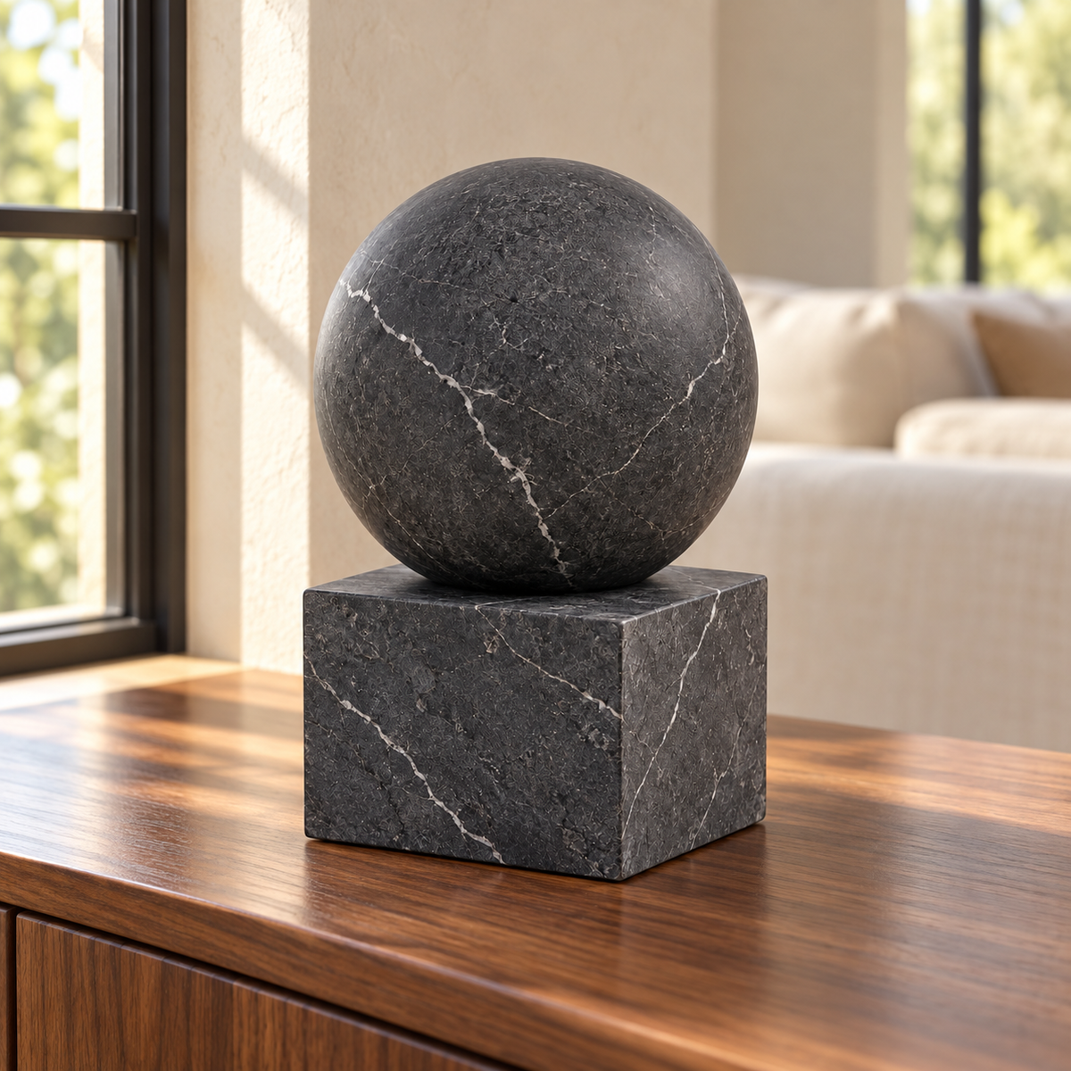 Oakmirao Black Marble-Look Sphere &amp; Cube Decor Sculpture